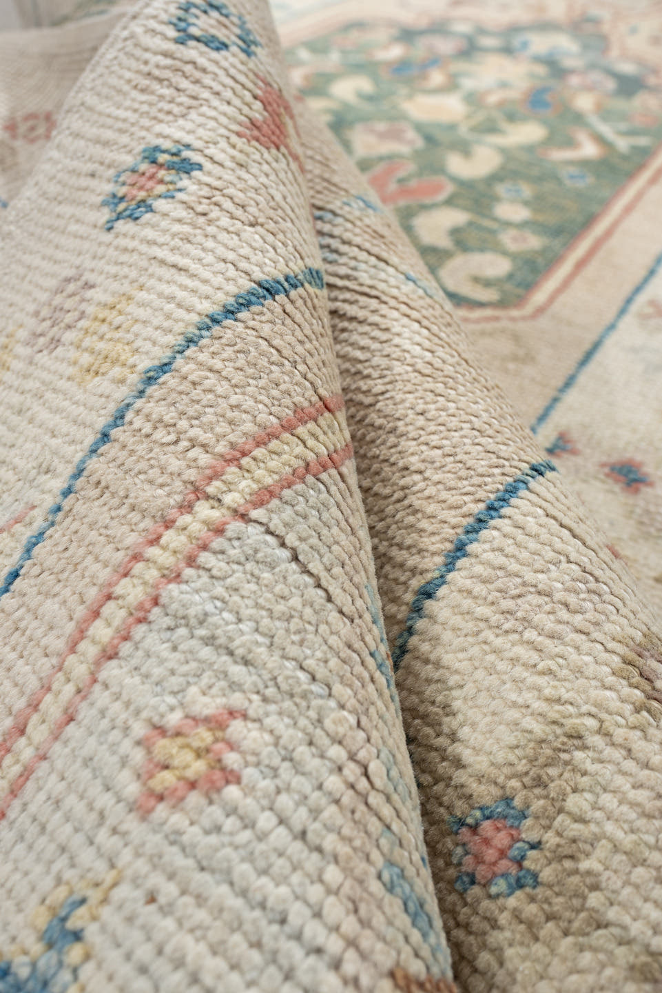 2' x 12' one-of-a-kind handmade vintage Oushak runner rug. Color palette: ivory, turquoise, sage, coral, tan, rust, taupe