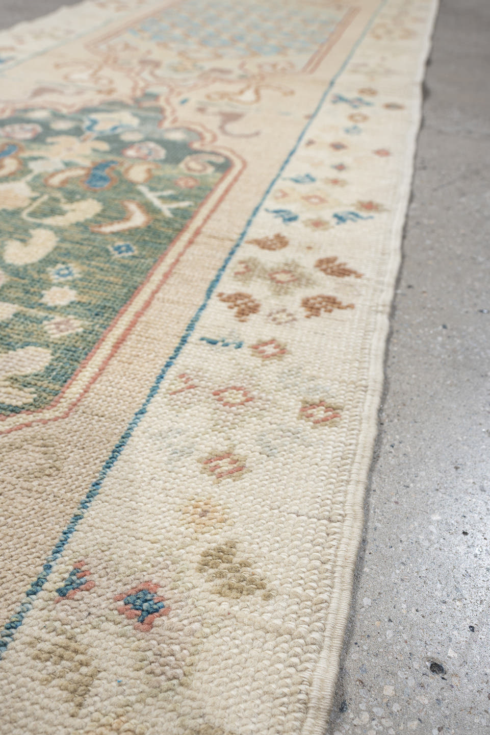 2' x 12' one-of-a-kind handmade vintage Oushak runner rug. Color palette: ivory, turquoise, sage, coral, tan, rust, taupe