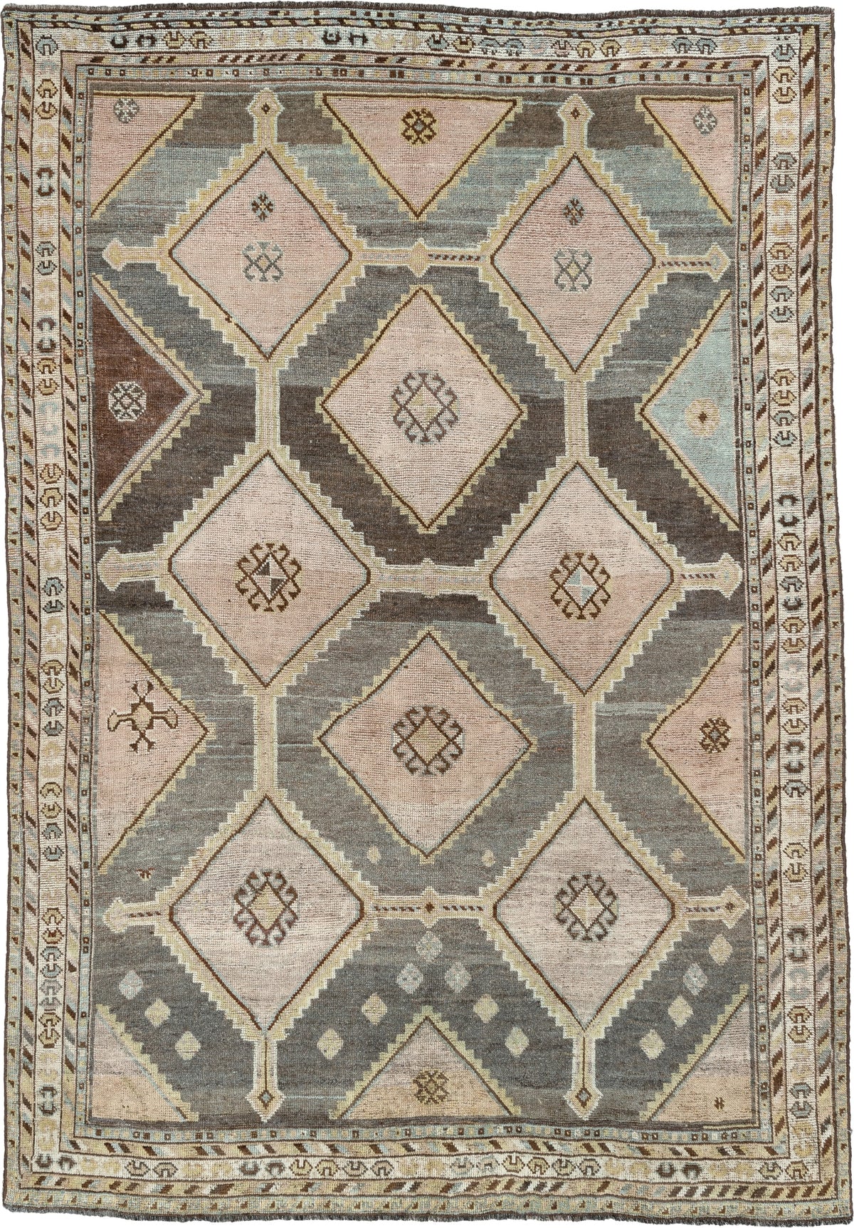 5' x 7' one-of-a-kind handmade antique Malayer medium size rug. Color palette: slate, ivory, taupe, pale blush, charcoal