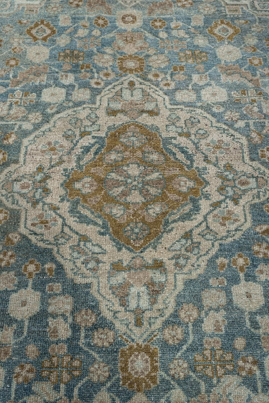 4' x 6' one-of-a-kind handmade antique Malayer rug. Color palette: blue gray, ivory, camel, taupe, sage, gold, charcoal