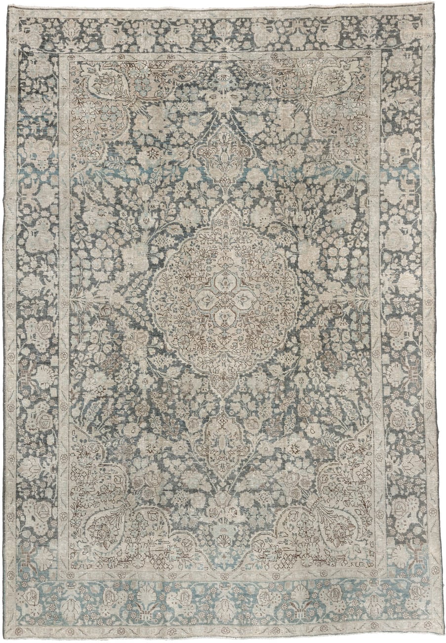 7' x 10' one-of-a-kind handmade antique Tabriz large size rug. Color palette: ivory, slate blue, taupe, blue gray, pale aqua