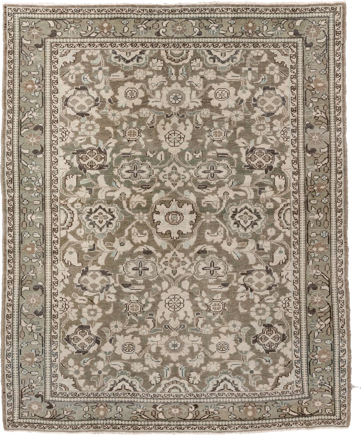 5' x 7' one-of-a-kind handmade antique Malayer rug. Color palette: sage, taupe, ivory, charcoal, camel, pewter, olive, brown