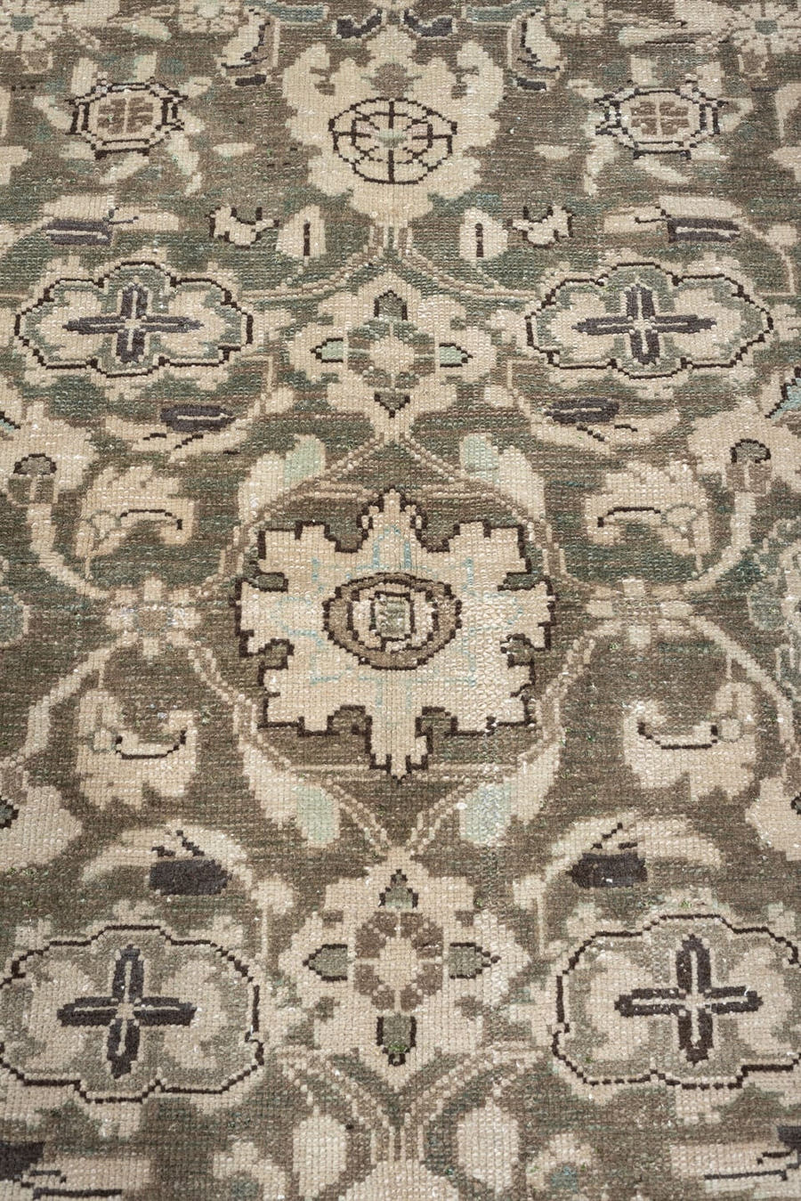 5' x 7' one-of-a-kind handmade antique Malayer rug. Color palette: sage, taupe, ivory, charcoal, camel, pewter, olive, brown