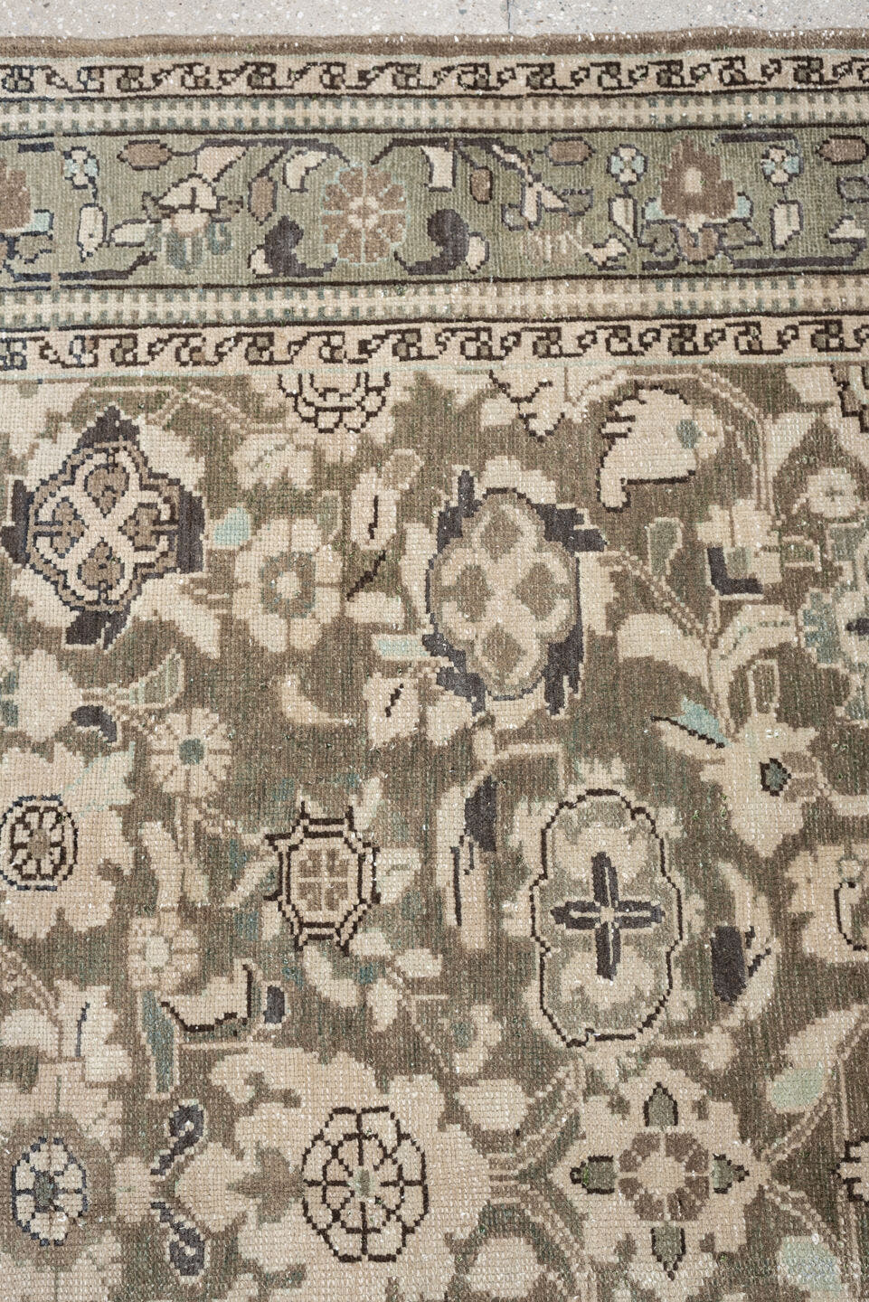 5' x 7' one-of-a-kind handmade antique Malayer rug. Color palette: sage, taupe, ivory, charcoal, camel, pewter, olive, brown