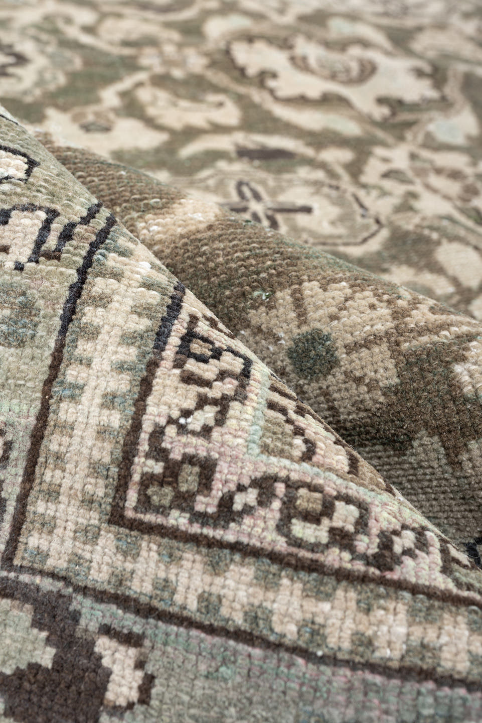 5' x 7' one-of-a-kind handmade antique Malayer rug. Color palette: sage, taupe, ivory, charcoal, camel, pewter, olive, brown