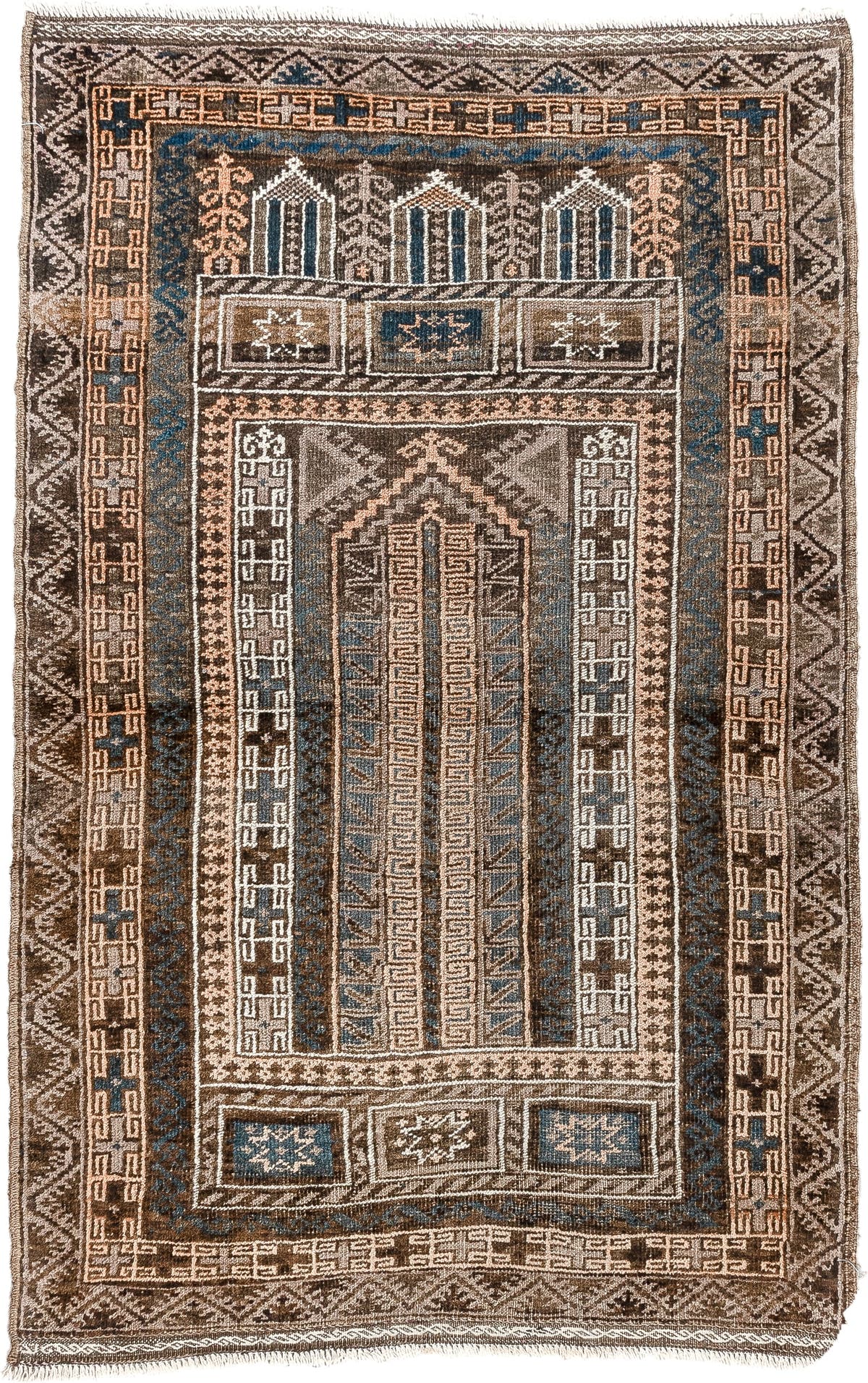 3' x 4' one-of-a-kind handmade antique Belouch small size rug. Color palette: brown, ivory, teal, peach, charcoal, taupe