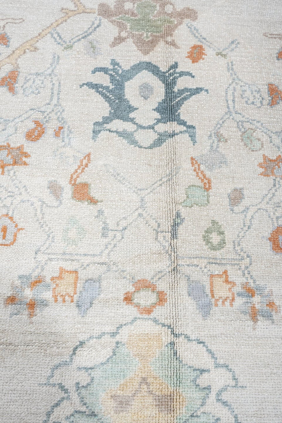 10' x 13' one-of-a-kind handmade vintage Oushak large size rug. Color palette: ivory, powder blue, sage, coral, peach, taupe