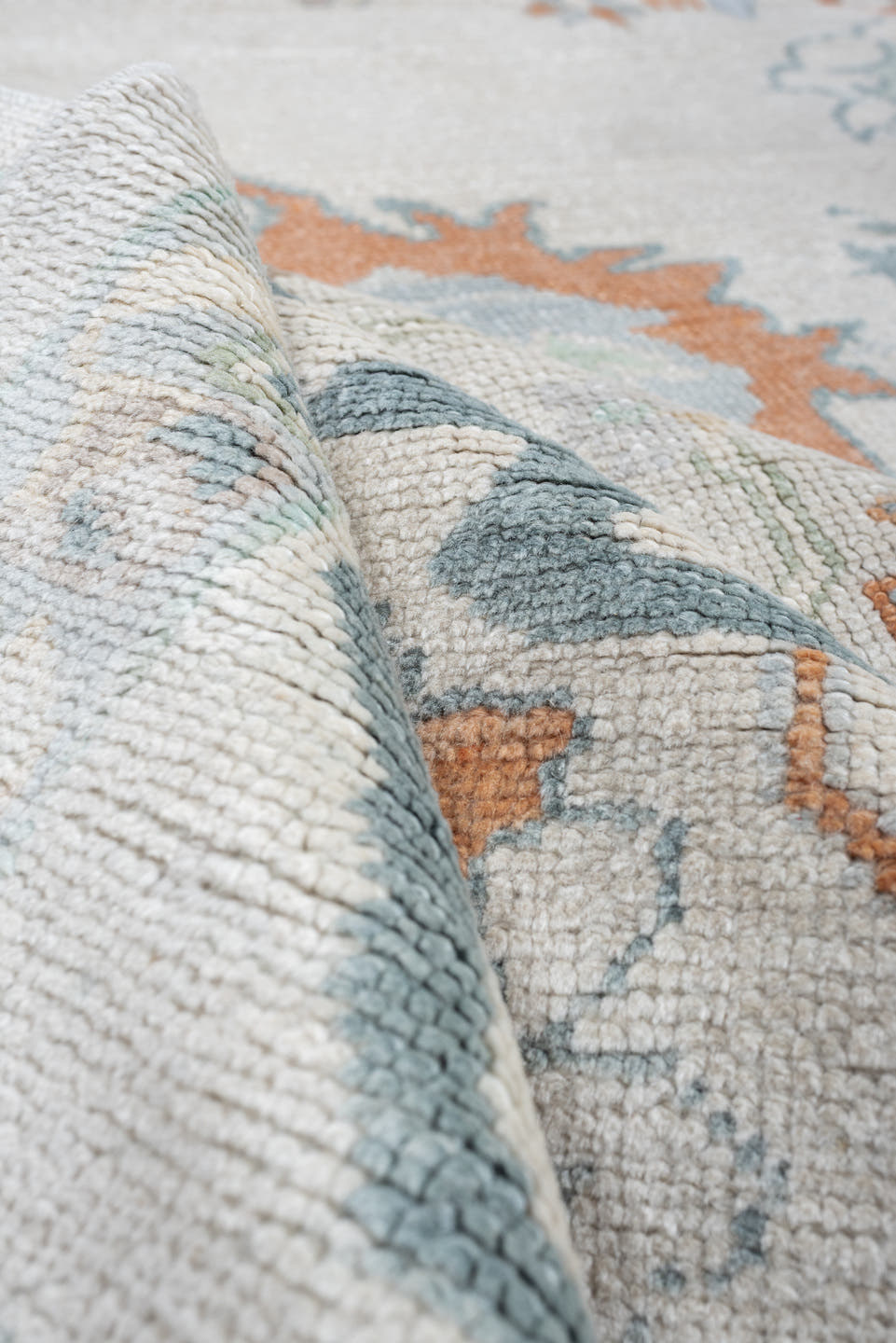10' x 13' one-of-a-kind handmade vintage Oushak large size rug. Color palette: ivory, powder blue, sage, coral, peach, taupe
