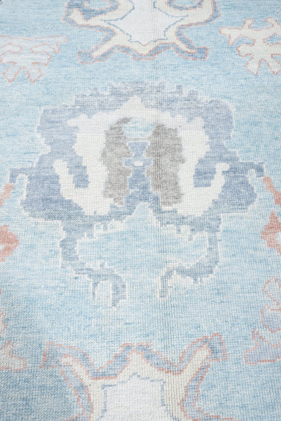 10' x 13' one-of-a-kind handmade vintage Oushak large size rug. Color palette: powder blue, ivory, blush, taupe, soft gray