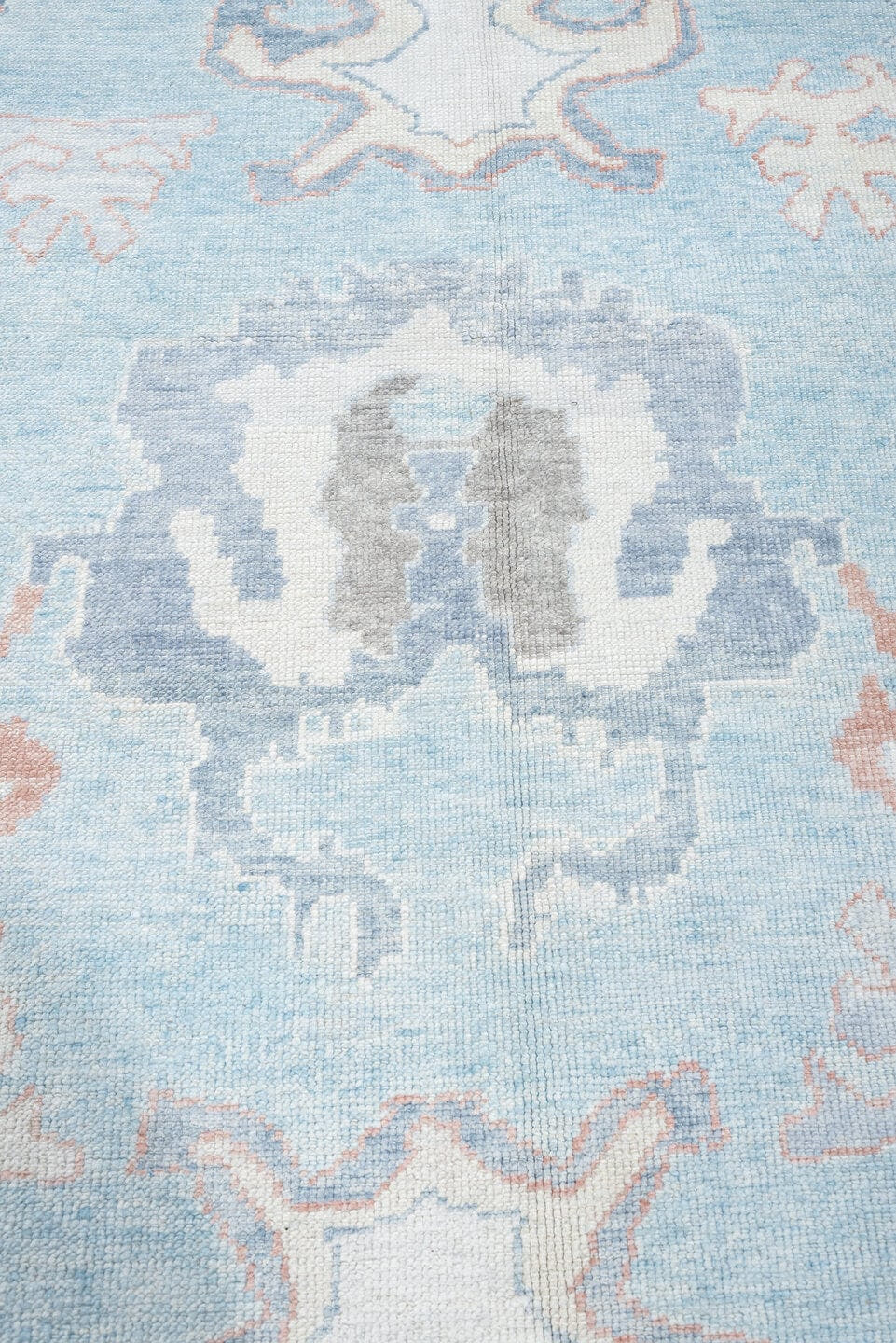 10' x 13' one-of-a-kind handmade vintage Oushak large size rug. Color palette: powder blue, ivory, blush, taupe, soft gray