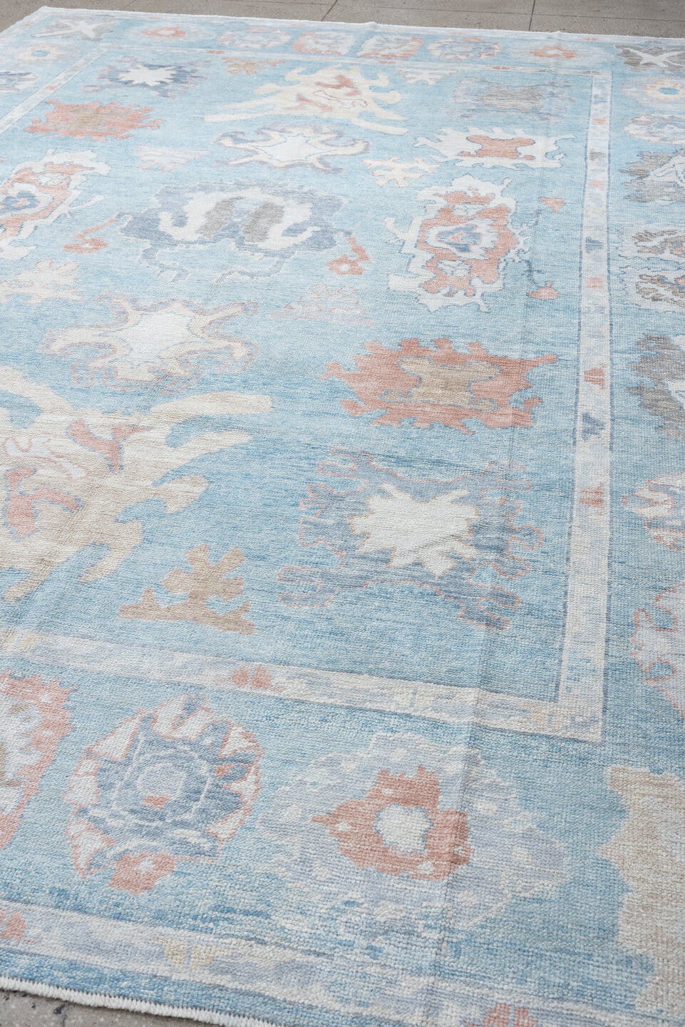 10' x 13' one-of-a-kind handmade vintage Oushak large size rug. Color palette: powder blue, ivory, blush, taupe, soft gray