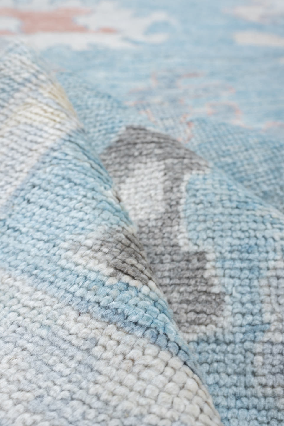 10' x 13' one-of-a-kind handmade vintage Oushak large size rug. Color palette: powder blue, ivory, blush, taupe, soft gray