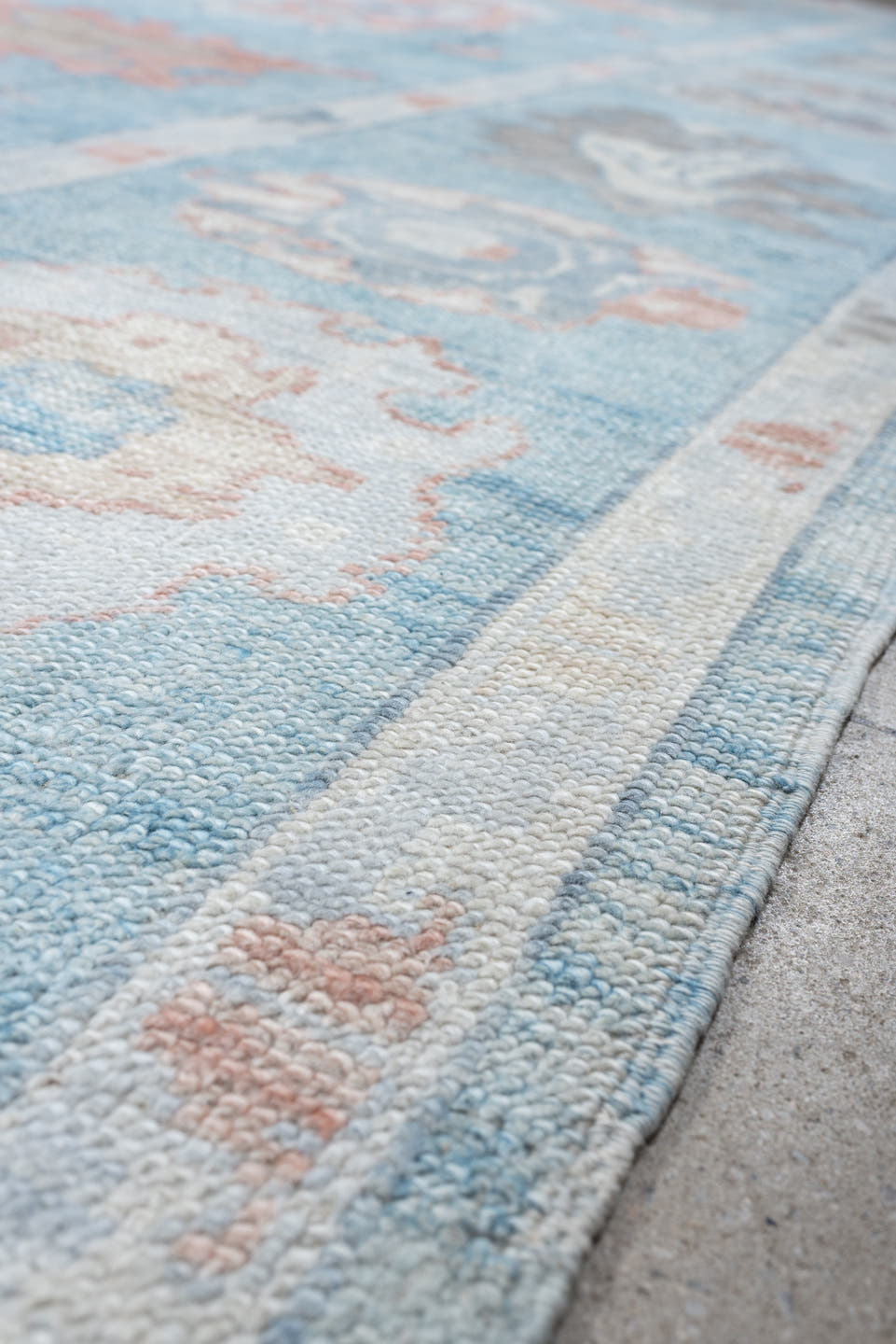10' x 13' one-of-a-kind handmade vintage Oushak large size rug. Color palette: powder blue, ivory, blush, taupe, soft gray