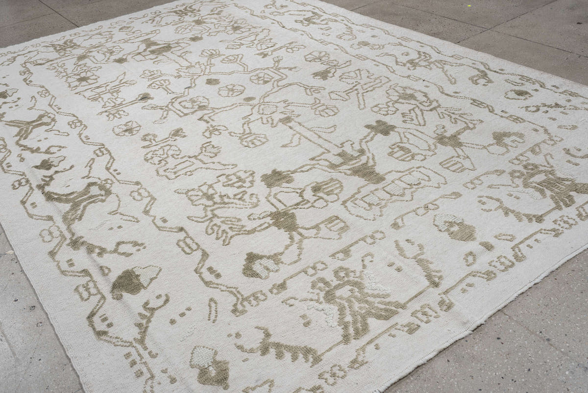 8' x 12' one-of-a-kind handmade vintage Kilim large size rug. Color palette: ivory, olive gray, taupe, sage, charcoal, beige