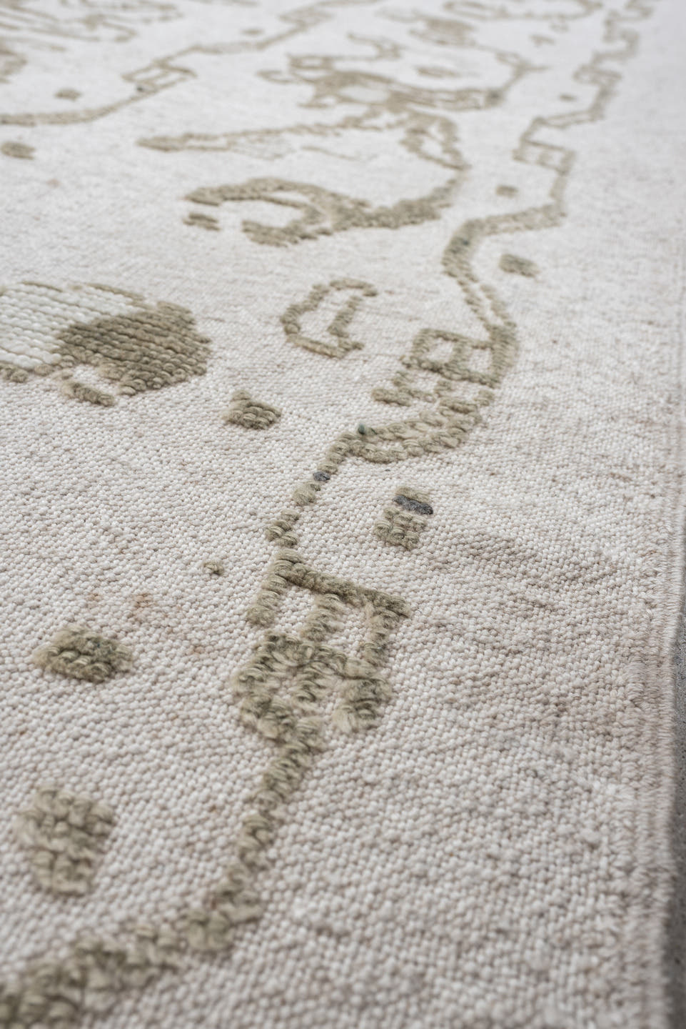 8' x 12' one-of-a-kind handmade vintage Kilim large size rug. Color palette: ivory, olive gray, taupe, sage, charcoal, beige
