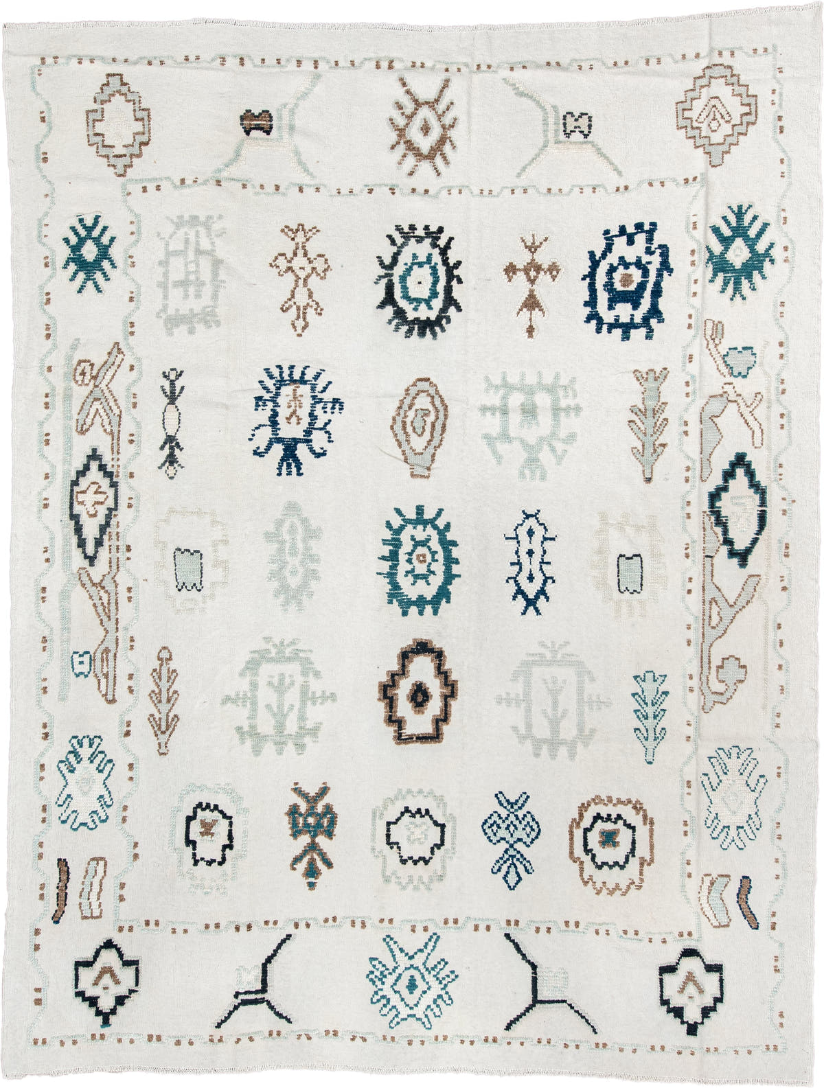 9' x 12' one-of-a-kind handmade vintage Kilim large size rug. Color palette: ivory, pale sage, teal, navy, warm brown
