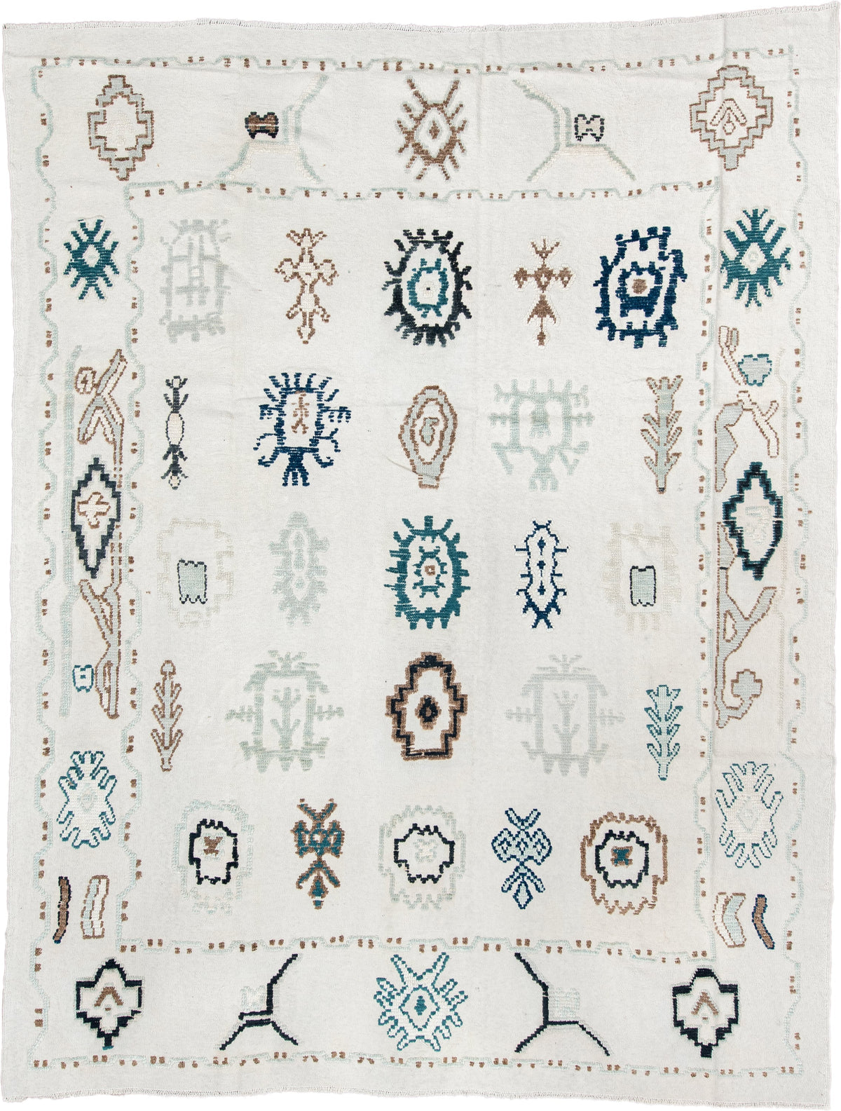 9' x 12' one-of-a-kind handmade vintage Kilim large size rug. Color palette: ivory, pale sage, teal, navy, warm brown