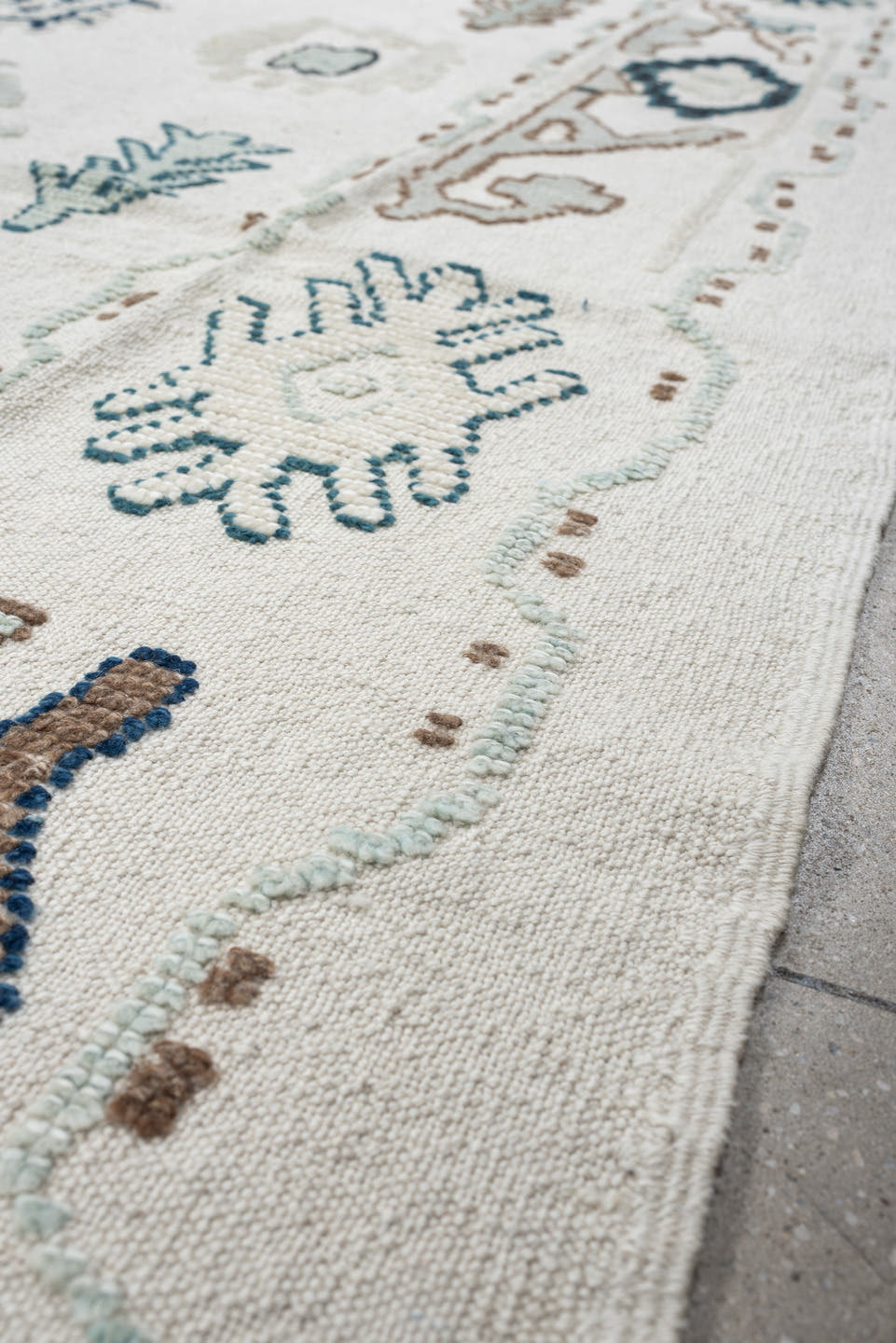 9' x 12' one-of-a-kind handmade vintage Kilim large size rug. Color palette: ivory, pale sage, teal, navy, warm brown