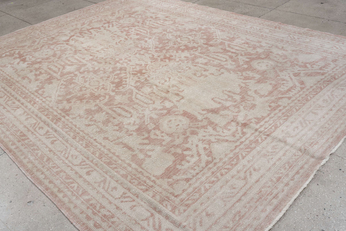 9' x 11' one-of-a-kind handmade vintage Oushak large size rug. Color palette: ivory, blush, rose, pale pink, beige, taupe