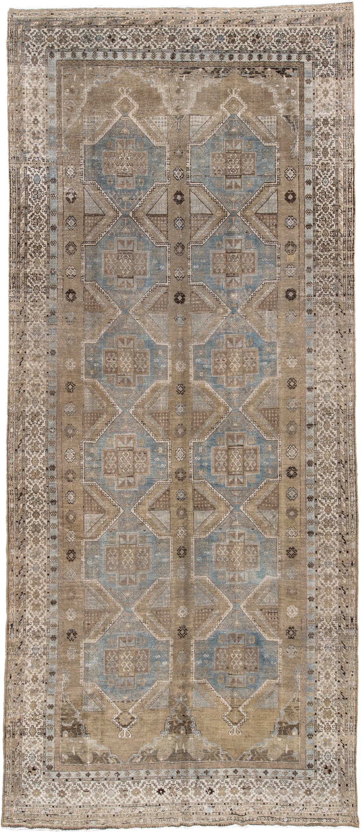6' x 14' one-of-a-kind handmade antique Kurd large size rug. Color palette: taupe, ivory, blue gray, beige, charcoal, camel