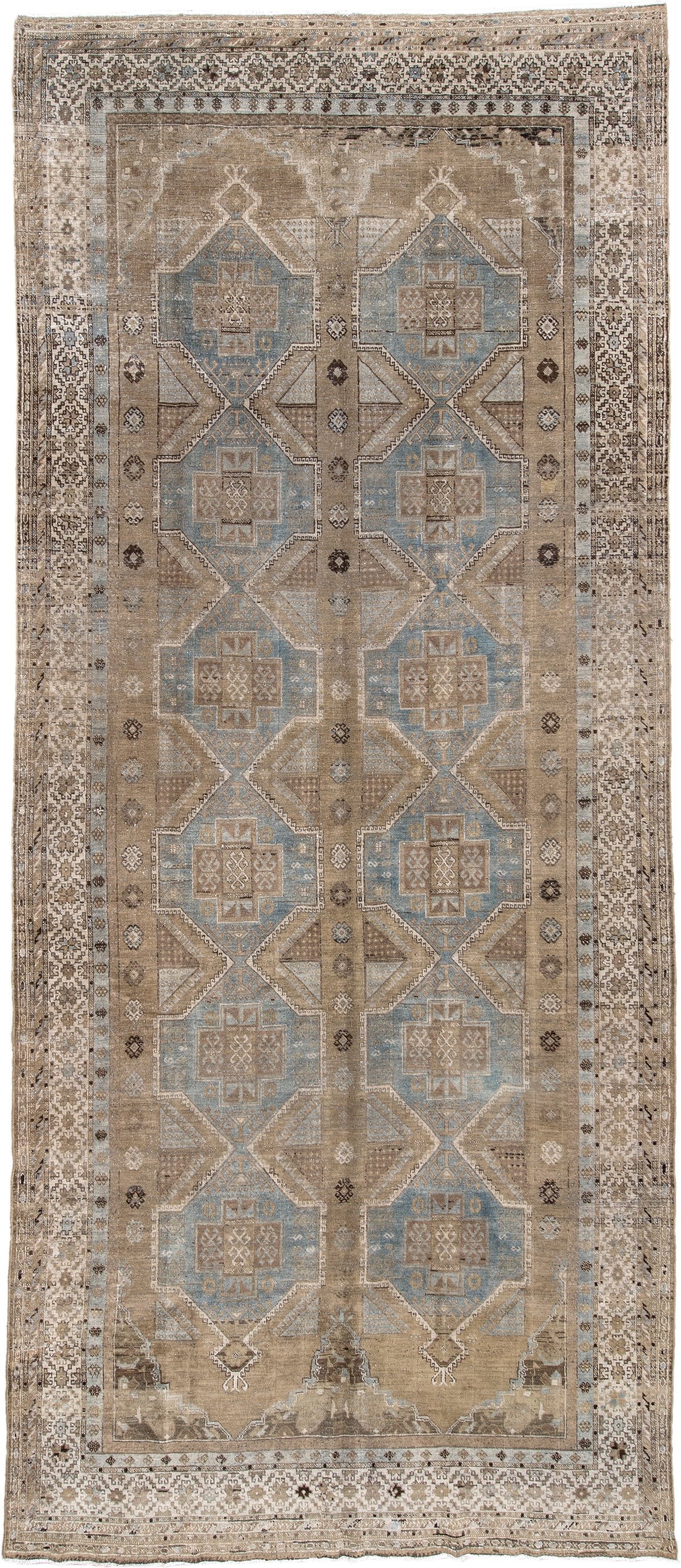 6' x 14' one-of-a-kind handmade antique Kurd large size rug. Color palette: taupe, ivory, blue gray, beige, charcoal, camel