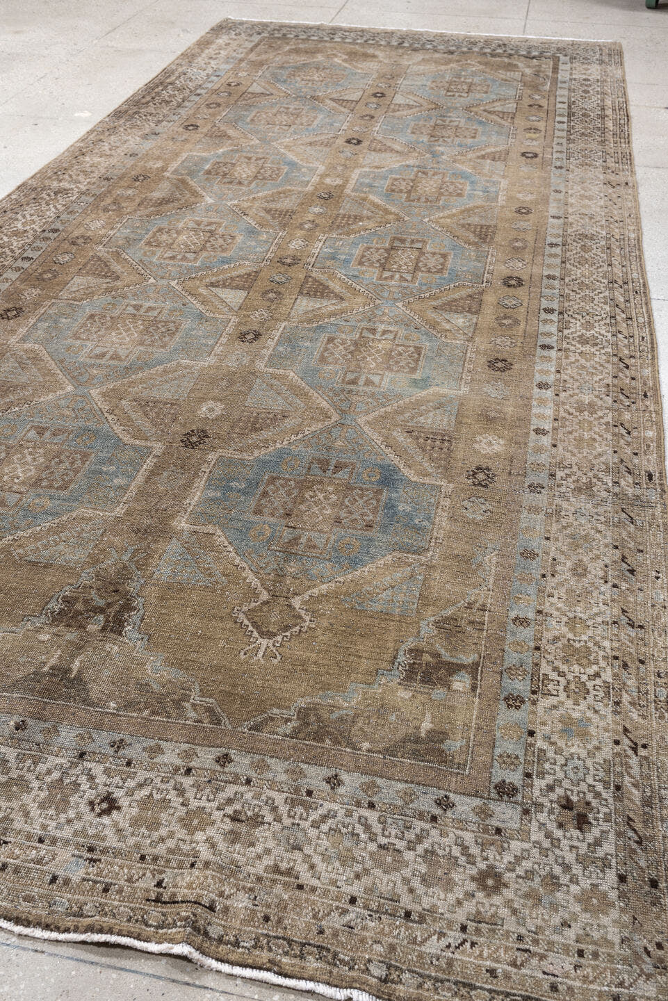 6' x 14' one-of-a-kind handmade antique Kurd large size rug. Color palette: taupe, ivory, blue gray, beige, charcoal, camel