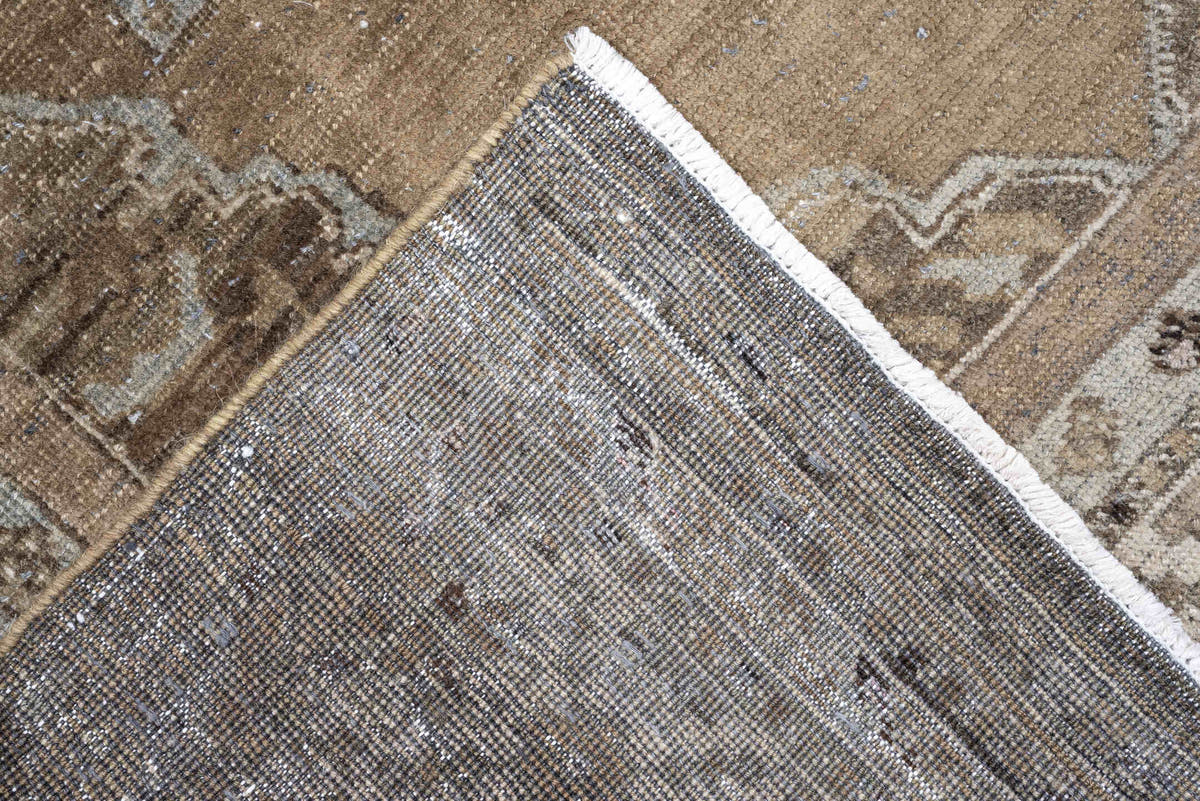 6' x 14' one-of-a-kind handmade antique Kurd large size rug. Color palette: taupe, ivory, blue gray, beige, charcoal, camel