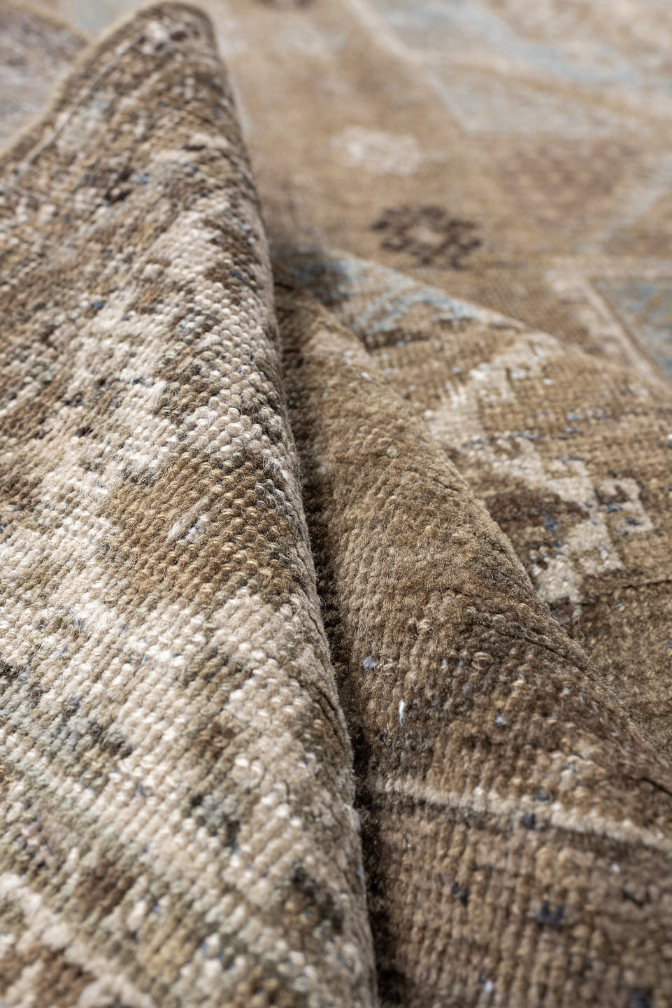 6' x 14' one-of-a-kind handmade antique Kurd large size rug. Color palette: taupe, ivory, blue gray, beige, charcoal, camel