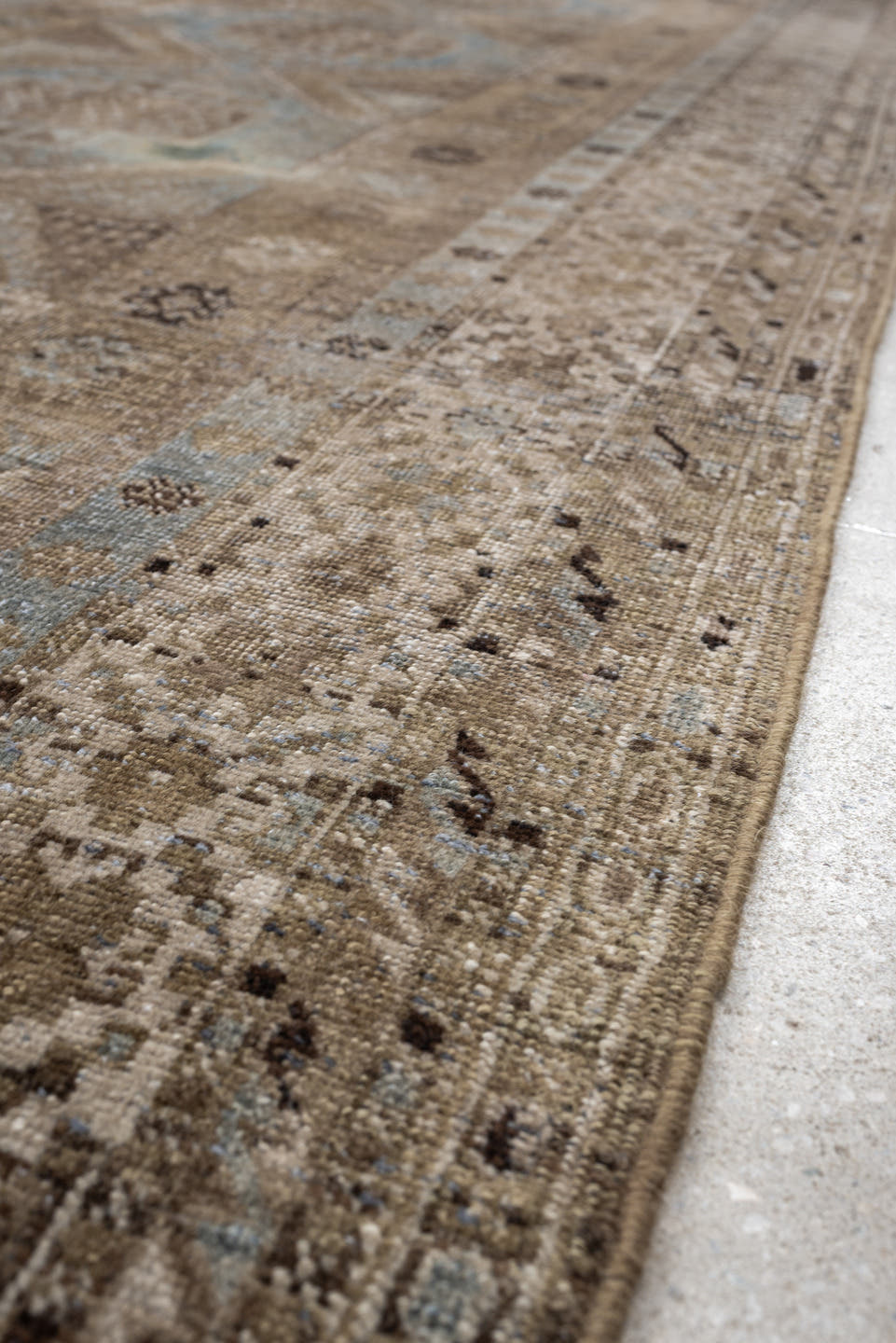 6' x 14' one-of-a-kind handmade antique Kurd large size rug. Color palette: taupe, ivory, blue gray, beige, charcoal, camel