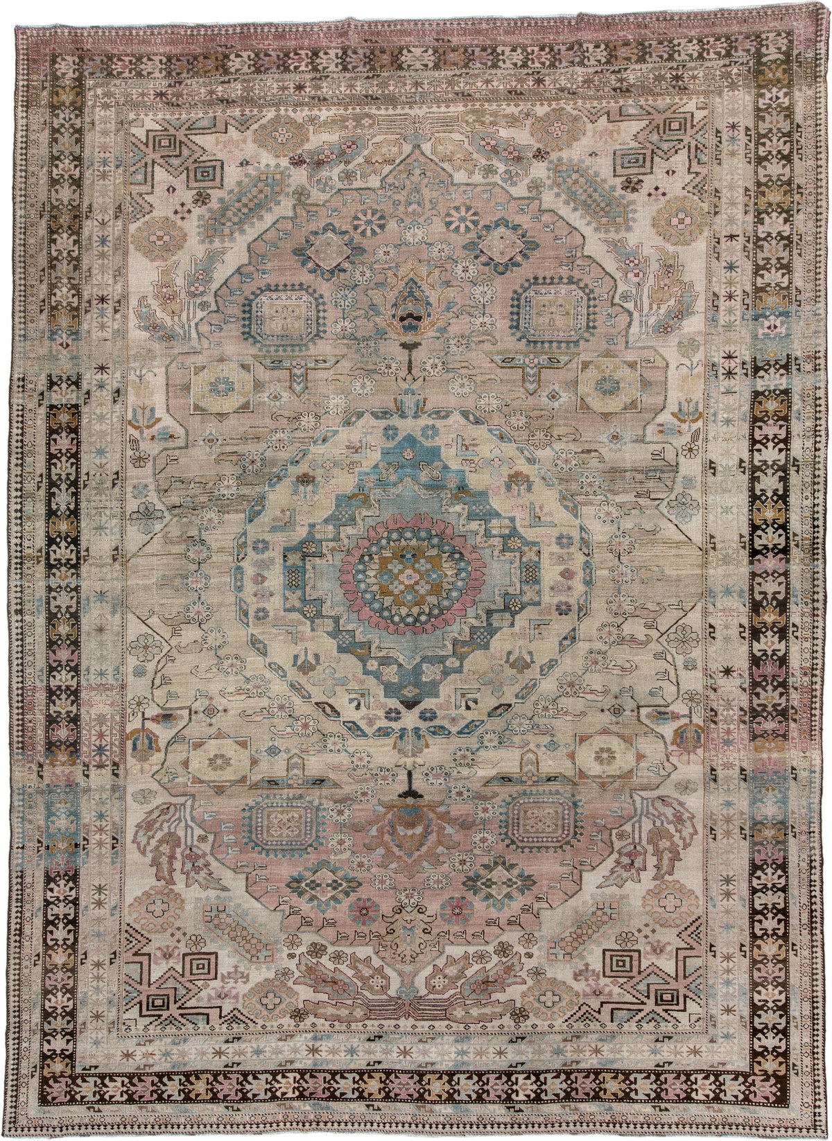 8' x 11' one-of-a-kind handmade antique Ardebil large size rug. Color palette: ivory, camel, dusty teal, rose, charcoal