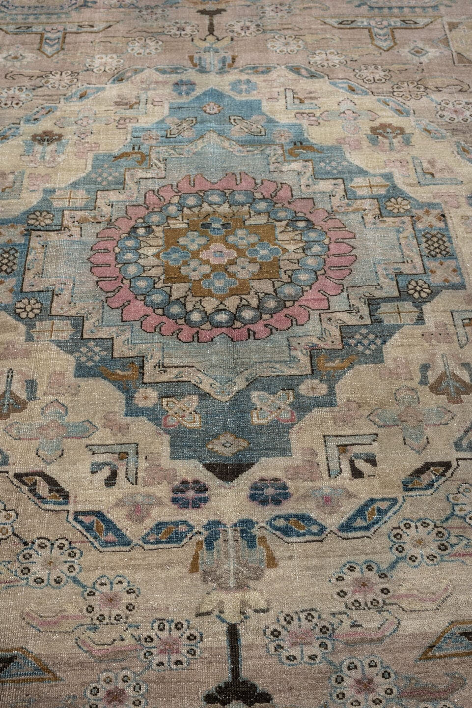 8' x 11' one-of-a-kind handmade antique Ardebil large size rug. Color palette: ivory, camel, dusty teal, rose, charcoal