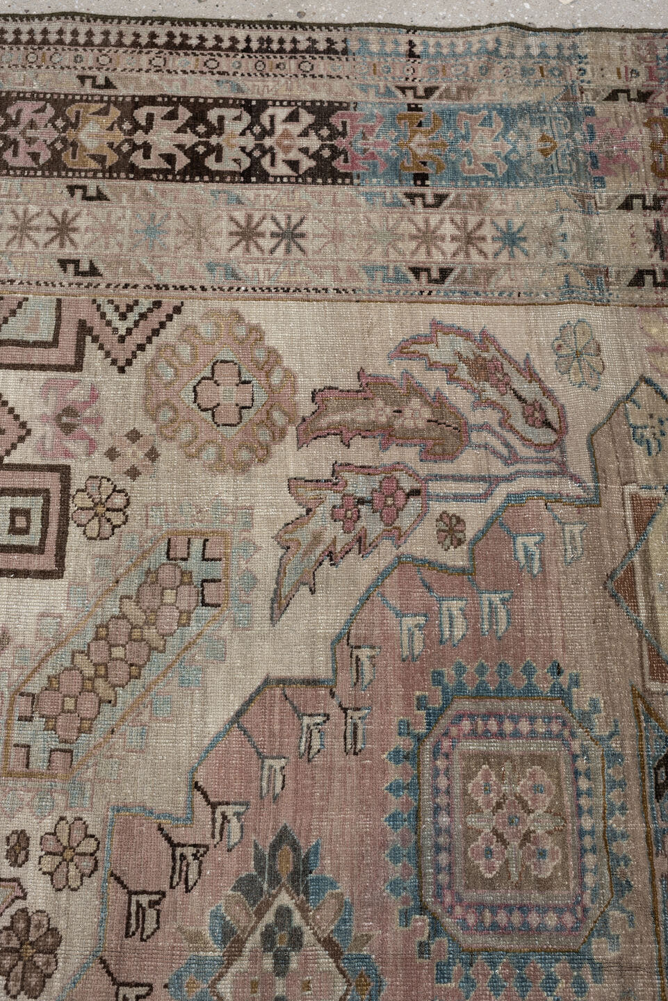 8' x 11' one-of-a-kind handmade antique Ardebil large size rug. Color palette: ivory, camel, dusty teal, rose, charcoal