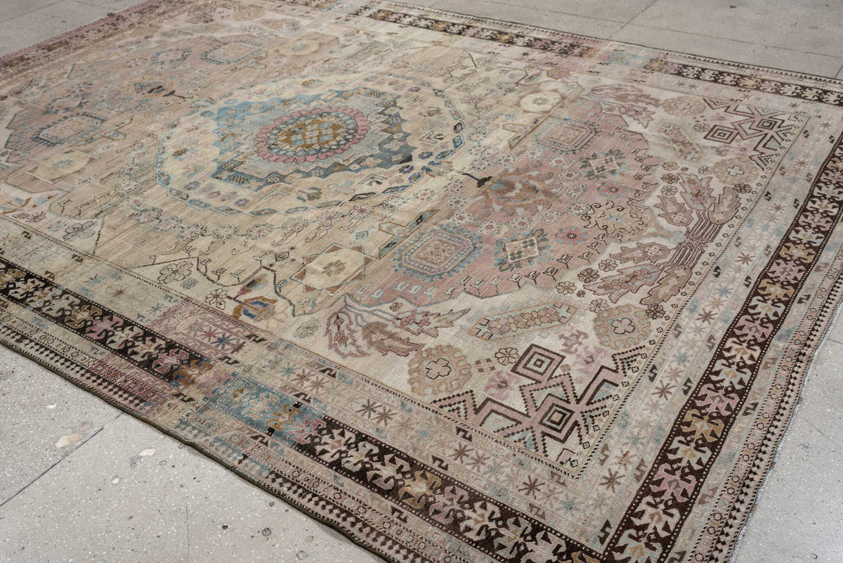 8' x 11' one-of-a-kind handmade antique Ardebil large size rug. Color palette: ivory, camel, dusty teal, rose, charcoal