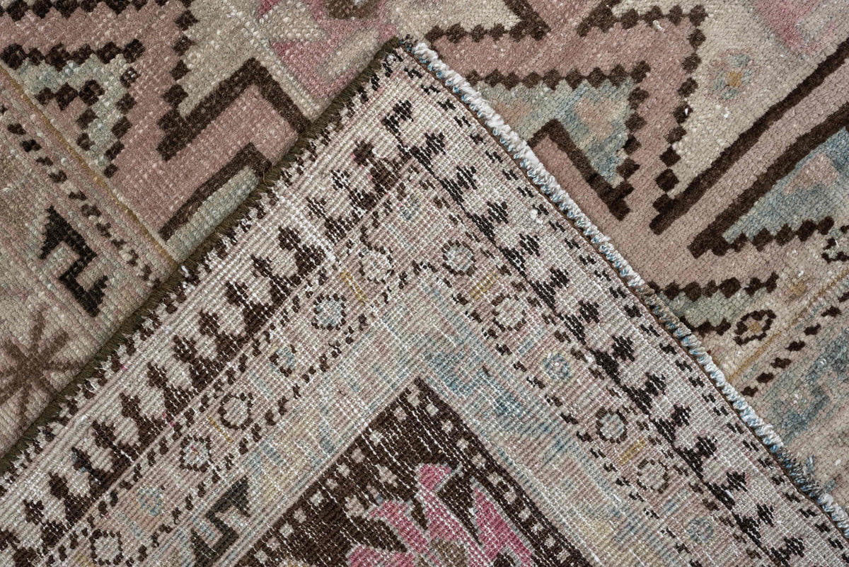 8' x 11' one-of-a-kind handmade antique Ardebil large size rug. Color palette: ivory, camel, dusty teal, rose, charcoal