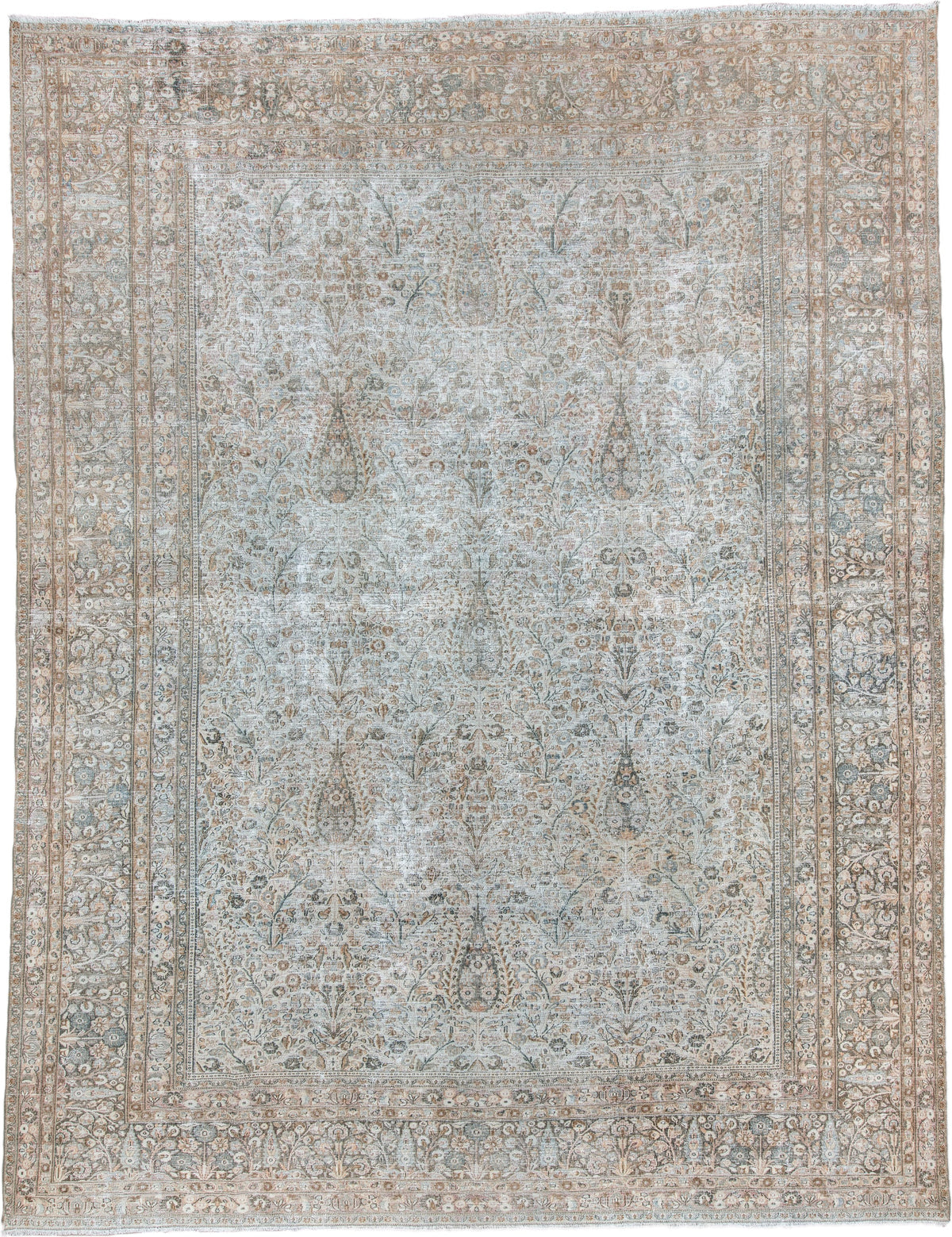10' x 13' one-of-a-kind handmade antique Khorassan large size rug. Color palette: ivory, pale blue, blush, taupe, sage