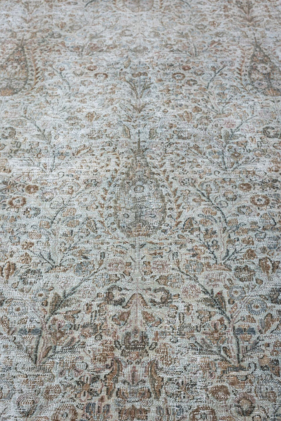 10' x 13' one-of-a-kind handmade antique Khorassan large size rug. Color palette: ivory, pale blue, blush, taupe, sage