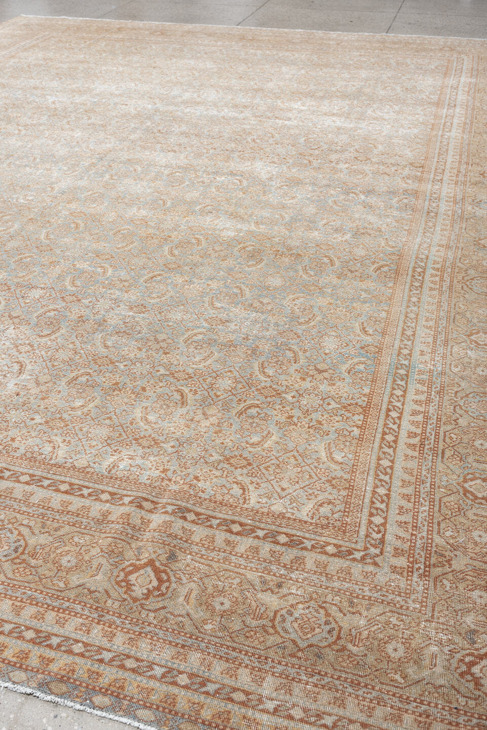10' x 13' one-of-a-kind handmade antique Tabriz oversize rug. Color palette: ivory, pale blue, terracotta, taupe, sage