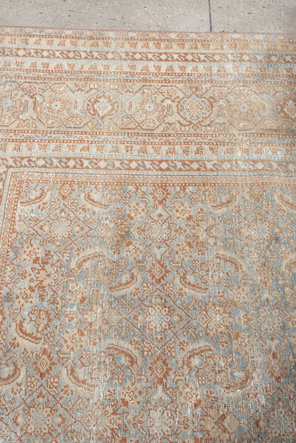 10' x 13' one-of-a-kind handmade antique Tabriz oversize rug. Color palette: ivory, pale blue, terracotta, taupe, sage