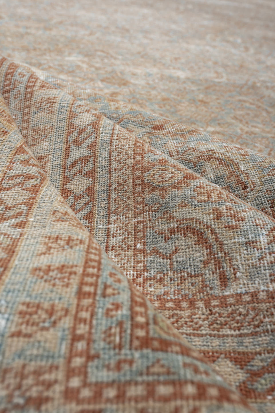 10' x 13' one-of-a-kind handmade antique Tabriz oversize rug. Color palette: ivory, pale blue, terracotta, taupe, sage
