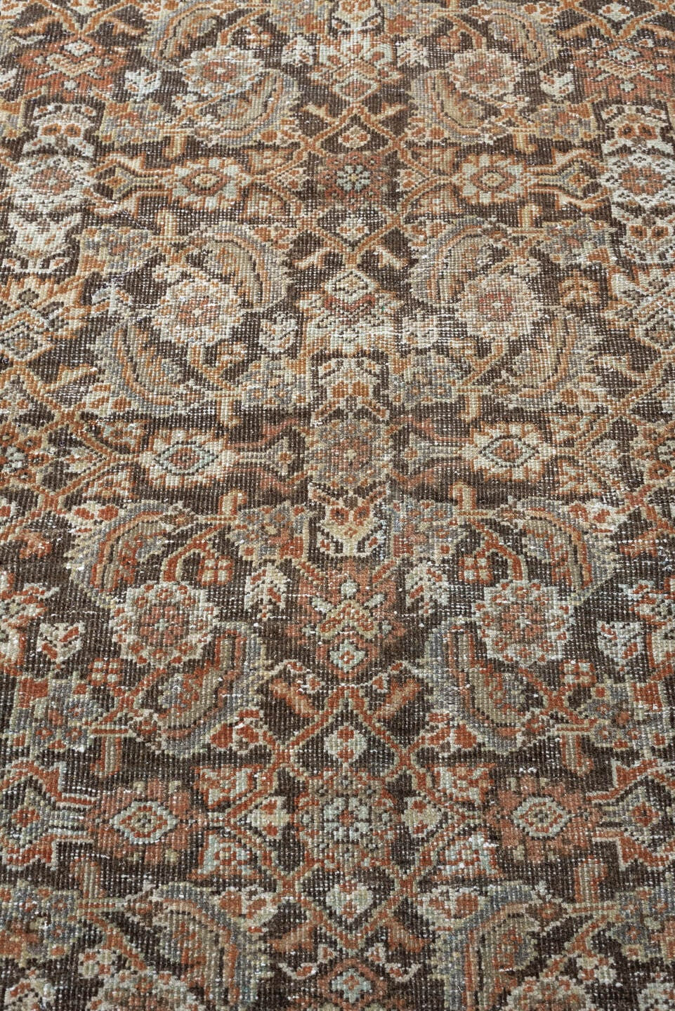 10' x 13' one-of-a-kind handmade antique Mahal large size rug. Color palette: charcoal, terracotta, ivory, taupe, pale blue