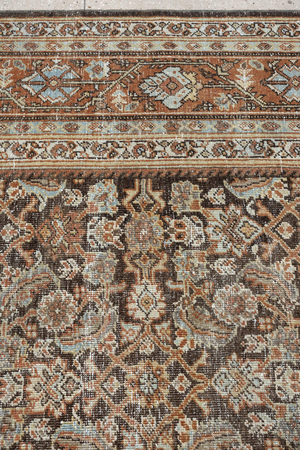 10' x 13' one-of-a-kind handmade antique Mahal large size rug. Color palette: charcoal, terracotta, ivory, taupe, pale blue