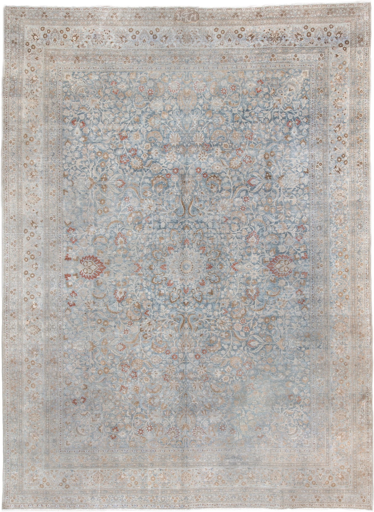 10' x 13' one-of-a-kind handmade antique Meshed large size rug. Color palette: powder blue, ivory, taupe, terracotta
