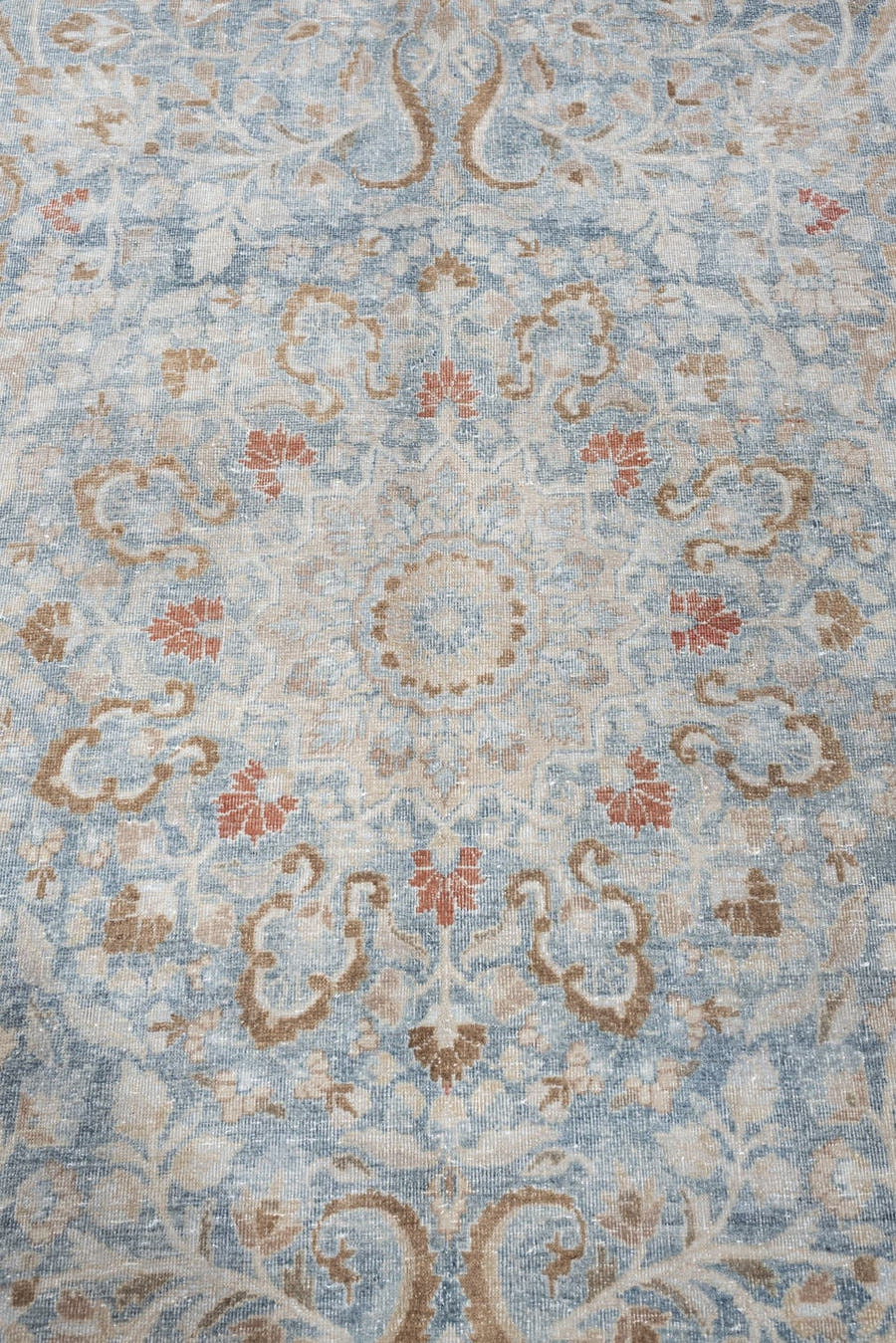 10' x 13' one-of-a-kind handmade antique Meshed large size rug. Color palette: powder blue, ivory, taupe, terracotta