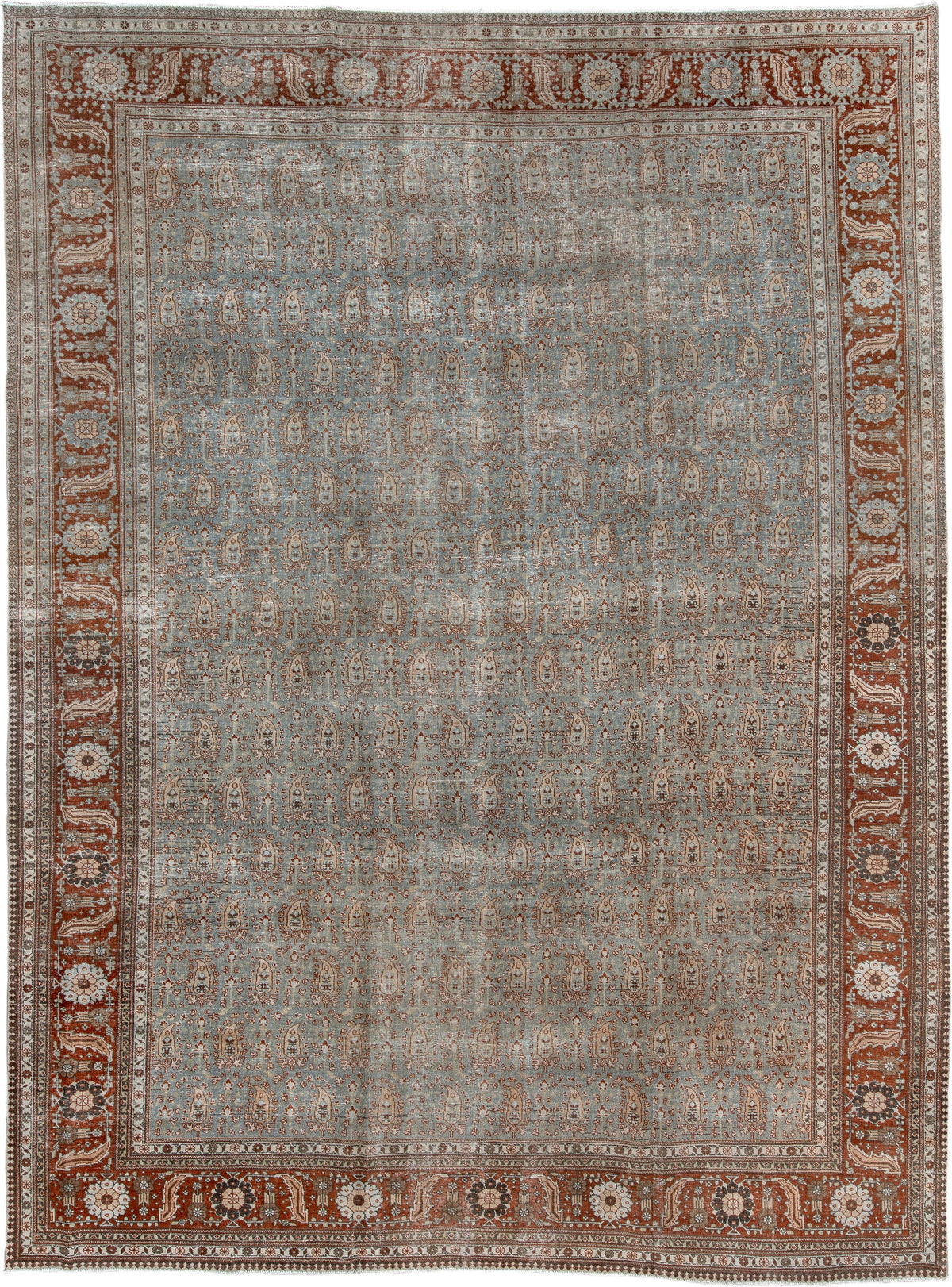 8' x 11' one-of-a-kind handmade antique Tabriz large size rug. Color palette: blue gray, rust, ivory, taupe, charcoal, sage