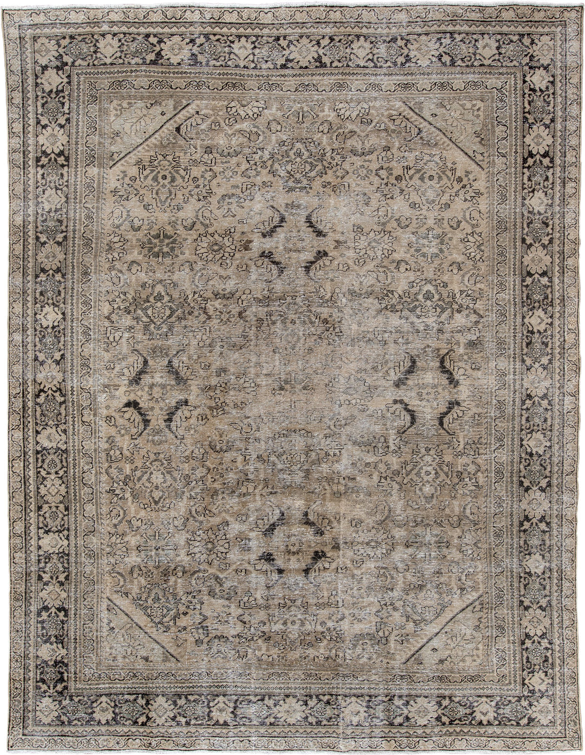 8' x 11' one-of-a-kind handmade antique Mahal large size rug. Color palette: taupe, ivory, charcoal, beige, gray, camel