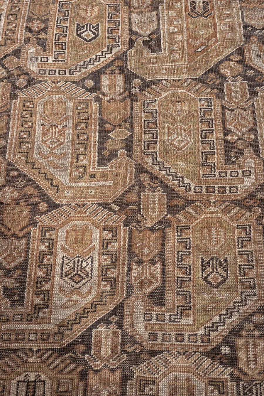 6' x 9' one-of-a-kind handmade antique Shiraz medium size rug. Color palette: camel, taupe, ivory, dark brown, tan, beige
