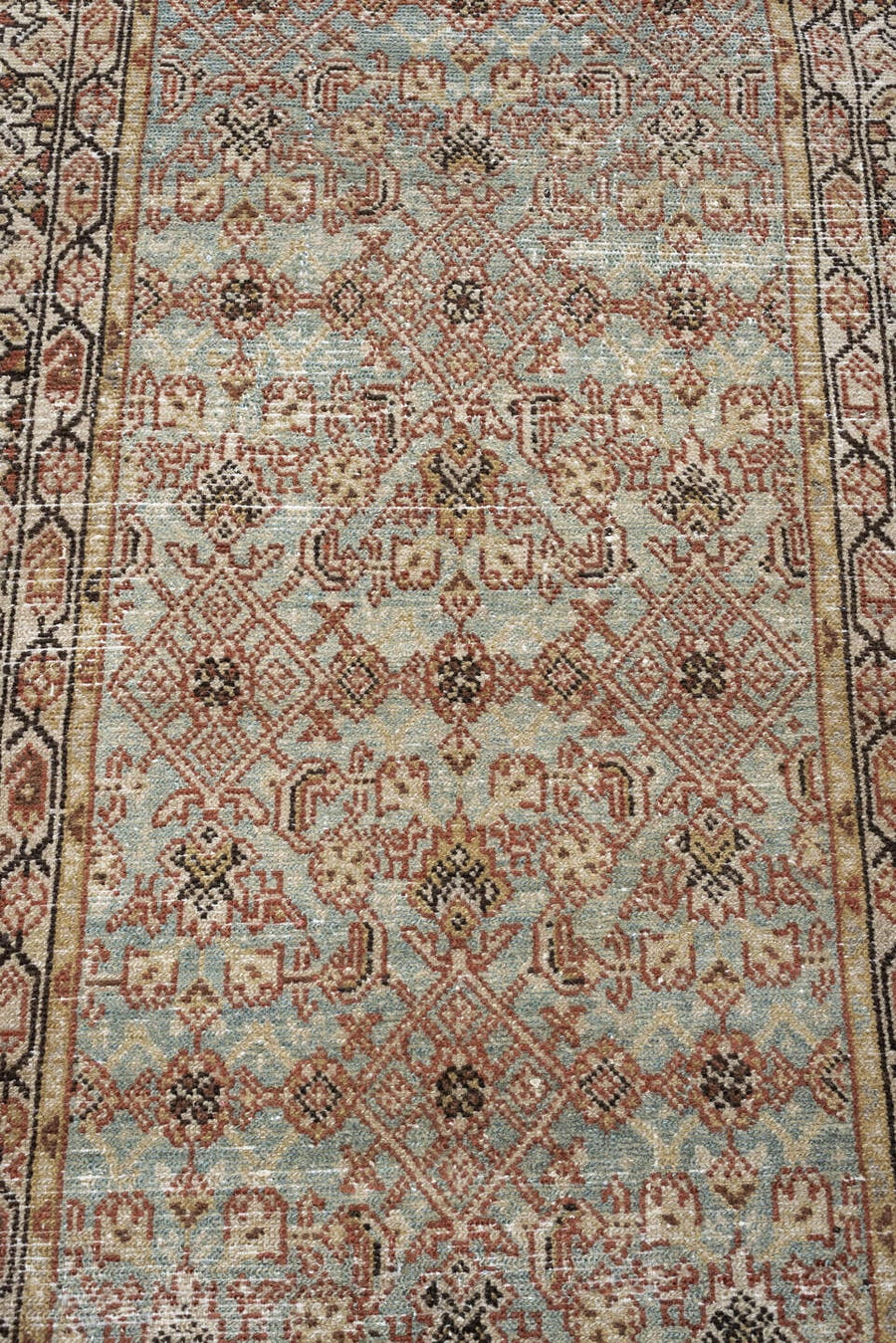 2' x 9' one-of-a-kind handmade antique Malayer runner rug. Color palette: blue gray, ivory, rust, taupe, charcoal, camel