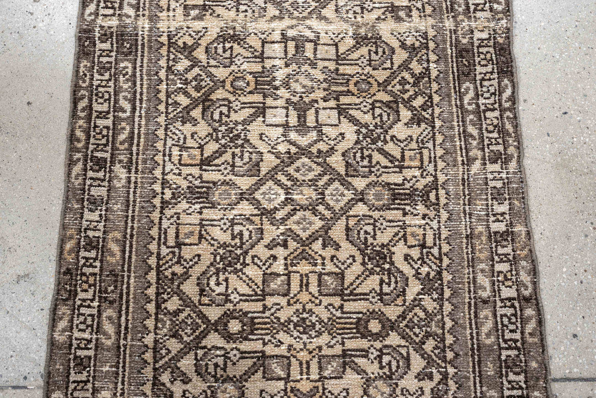 2' x 6' one-of-a-kind handmade antique Hamadan runner rug. Color palette: ivory, taupe, brown, charcoal, camel, ebony, beige