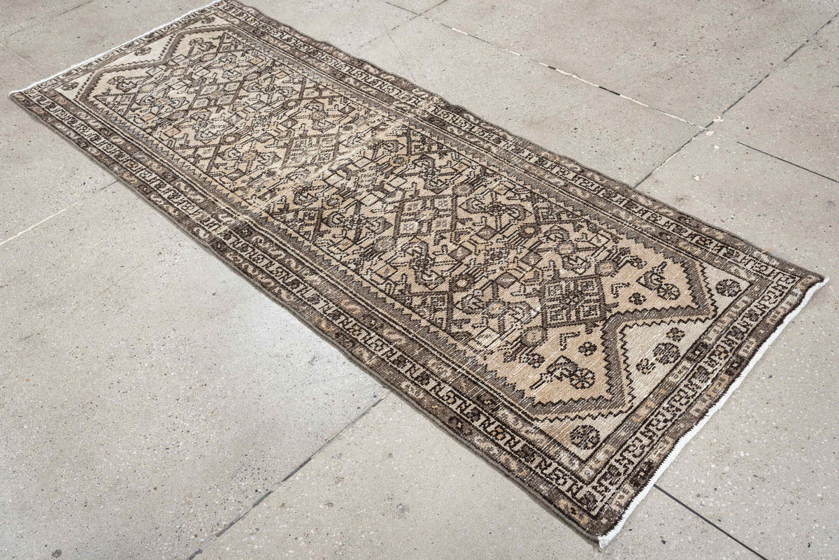 2' x 6' one-of-a-kind handmade antique Hamadan runner rug. Color palette: ivory, taupe, brown, charcoal, camel, ebony, beige
