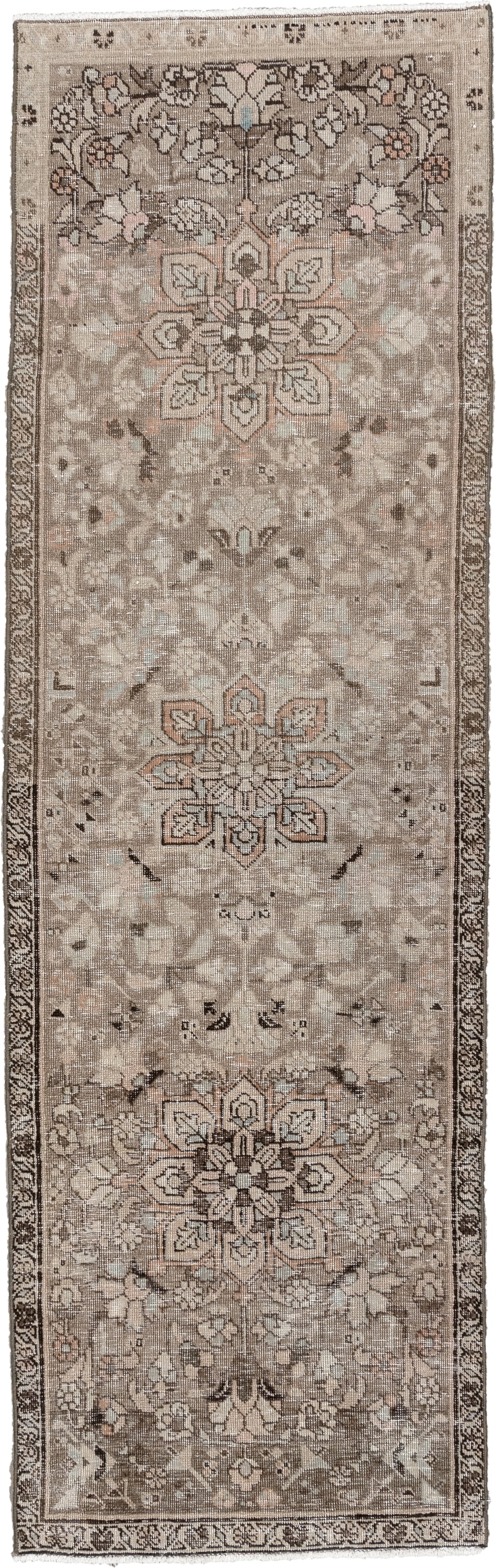 2' x 7' one-of-a-kind handmade antique Tabriz runner rug. Color palette: taupe, ivory, beige, charcoal, blush, sage, brown